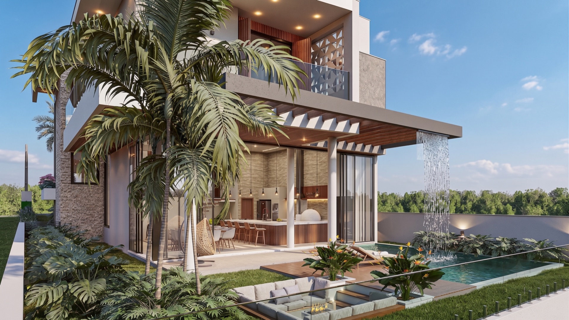 Fachada de fundos diurna com integração ao jardim